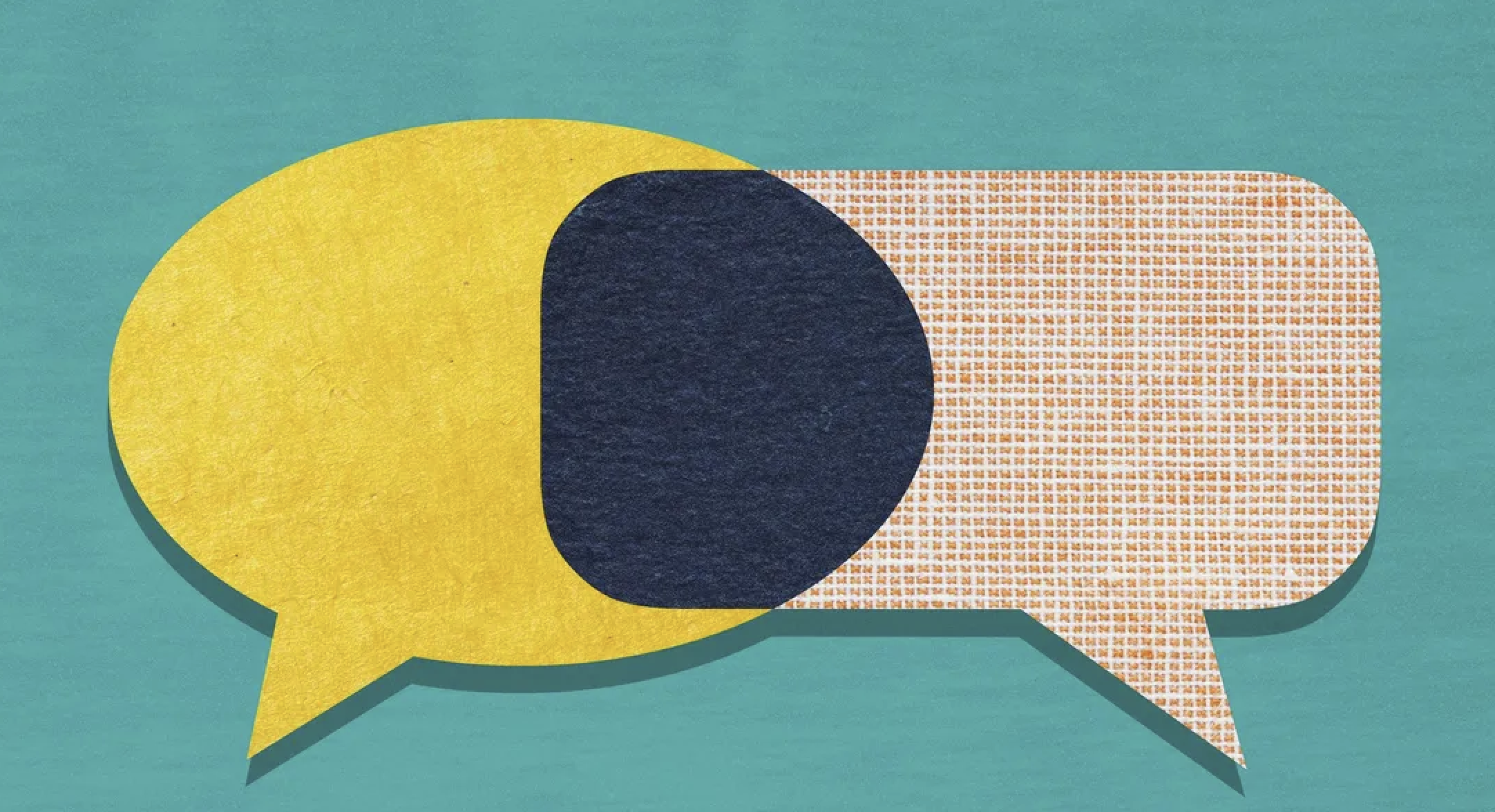 Illustration of two overlapping paper-cutout speech bubbles, one yellow and one textured orange, symbolizing two sides of a conversation talking past each other.